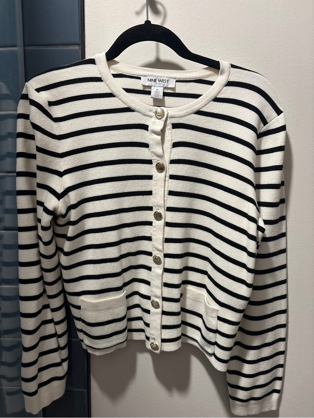 Nine West Cream and Black Striped Button Cardigan